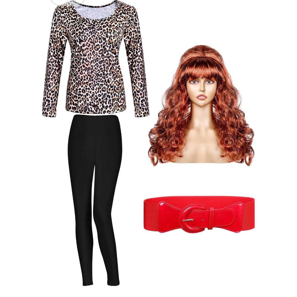Peggy Bundy Costume Set Leopard Top Black Leggings Red Belt Auburn Wig 80s Retro